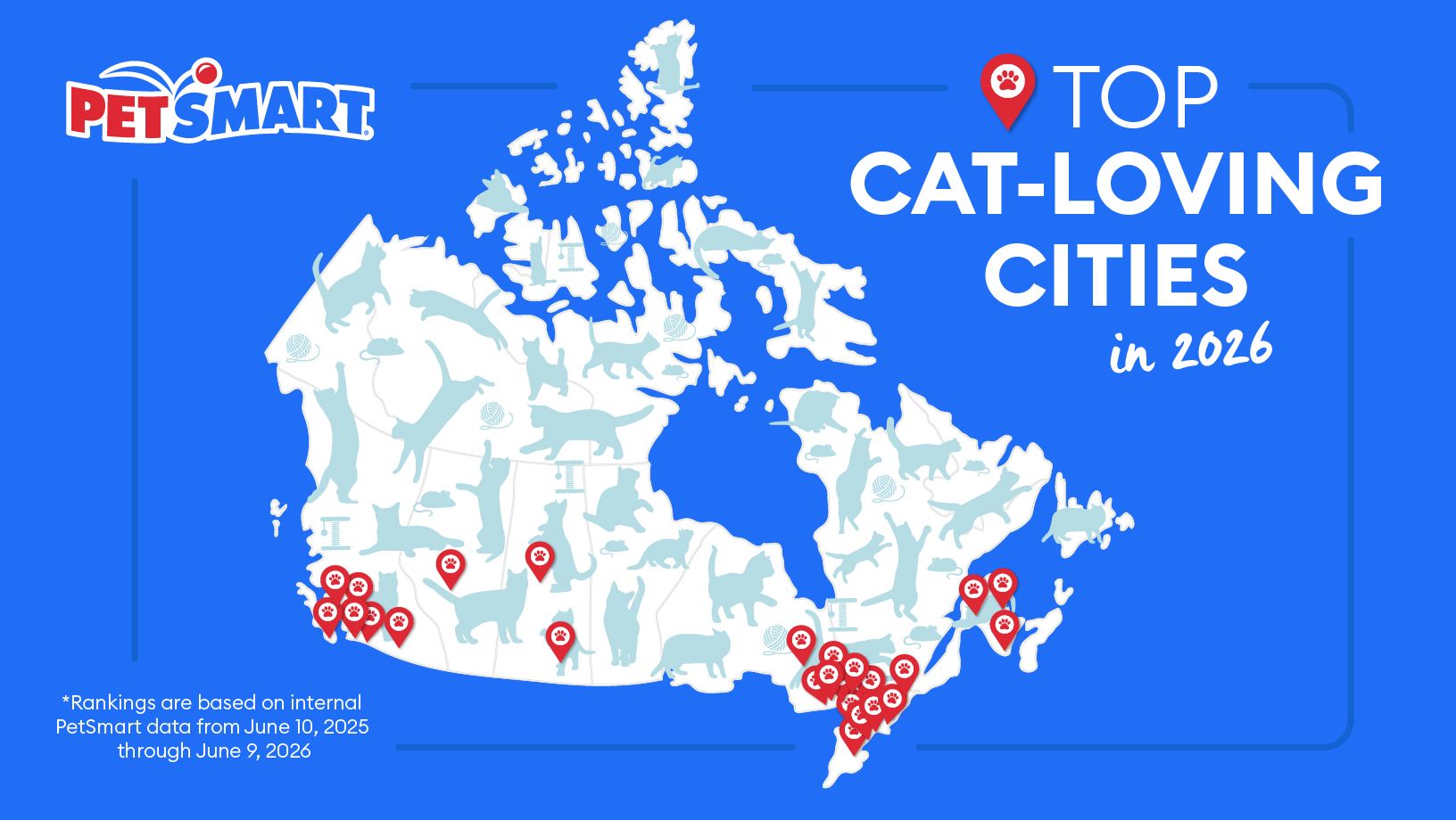 top cat cities in canada, map of CA with blue background