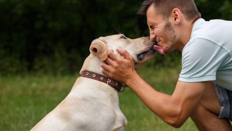 Pet dad and his dog licking his face