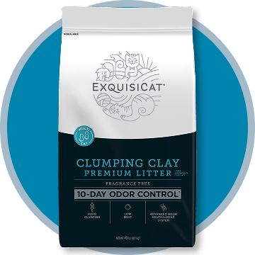Exquisicat clumping clay litter bag with a blue background