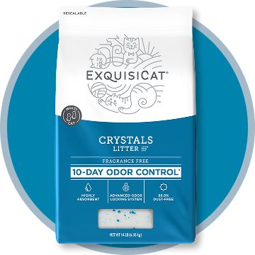 Exquisicat crystals litter bag with blue circle background