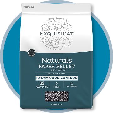 Exquisicat naturals paper pellet litter bag with blue circle background