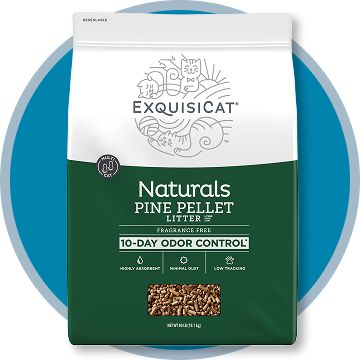 Exquisicat naturals pine pellet litter bag with a blue circle background