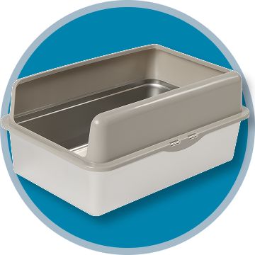 Open litter box with blue circle background