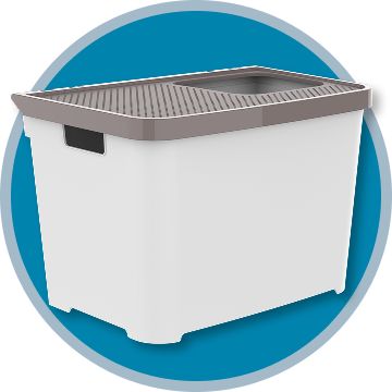 Top entry litter box with a blue background