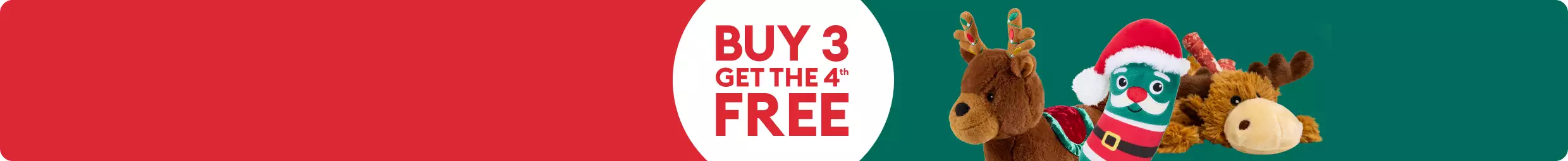 Buy 3, get the 4th free callout & three plush dog toys