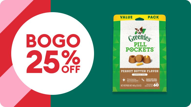 BOGO 25% OFF callout & a package of Greenies Pill Pockets