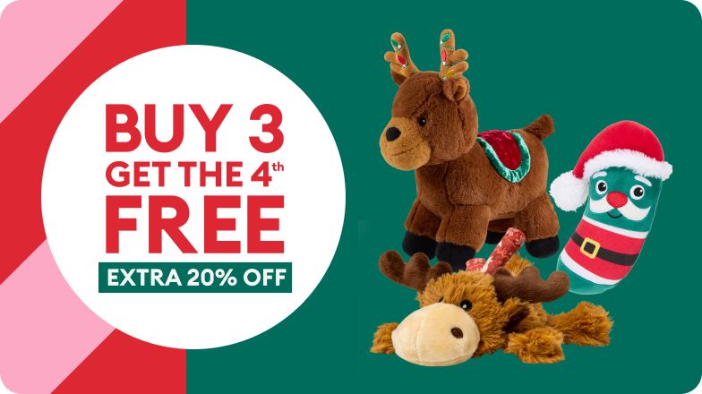 Buy 3, get the 4th free & extra 20% off callout & three plush dog toys