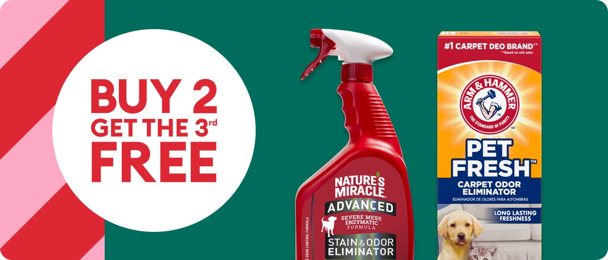 Bottle of Nature's Miracle and a box of Arm & Hammer Pet Fresh