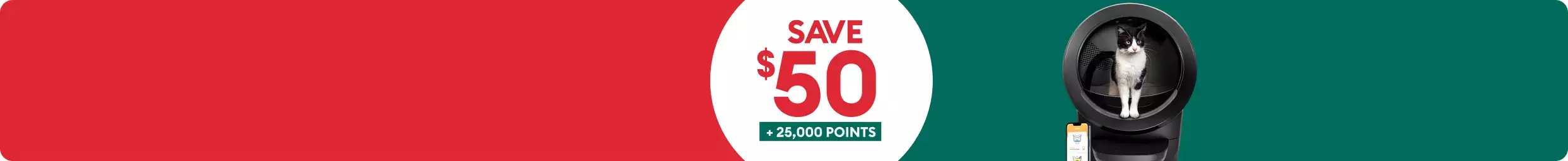 B&W cat exiting a Litter-Robot with the app shown on a mobile phone