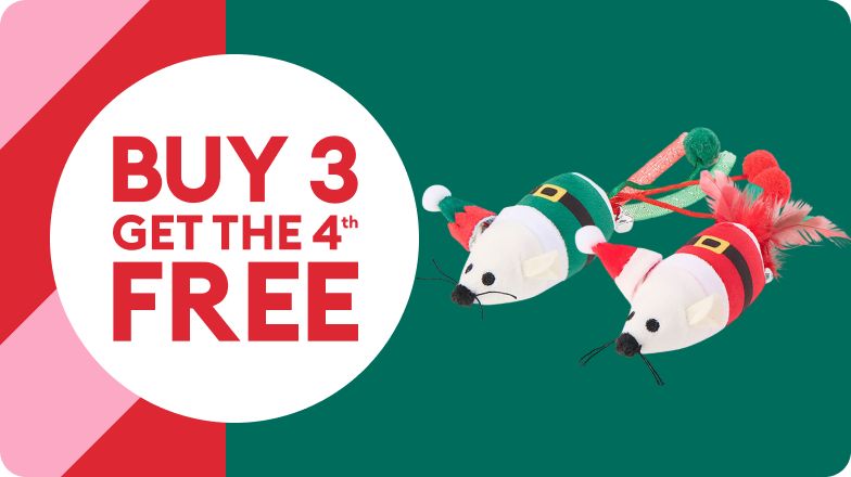 2 cat toys including a mouse in a green elf costume and a mouse in a red elf costume