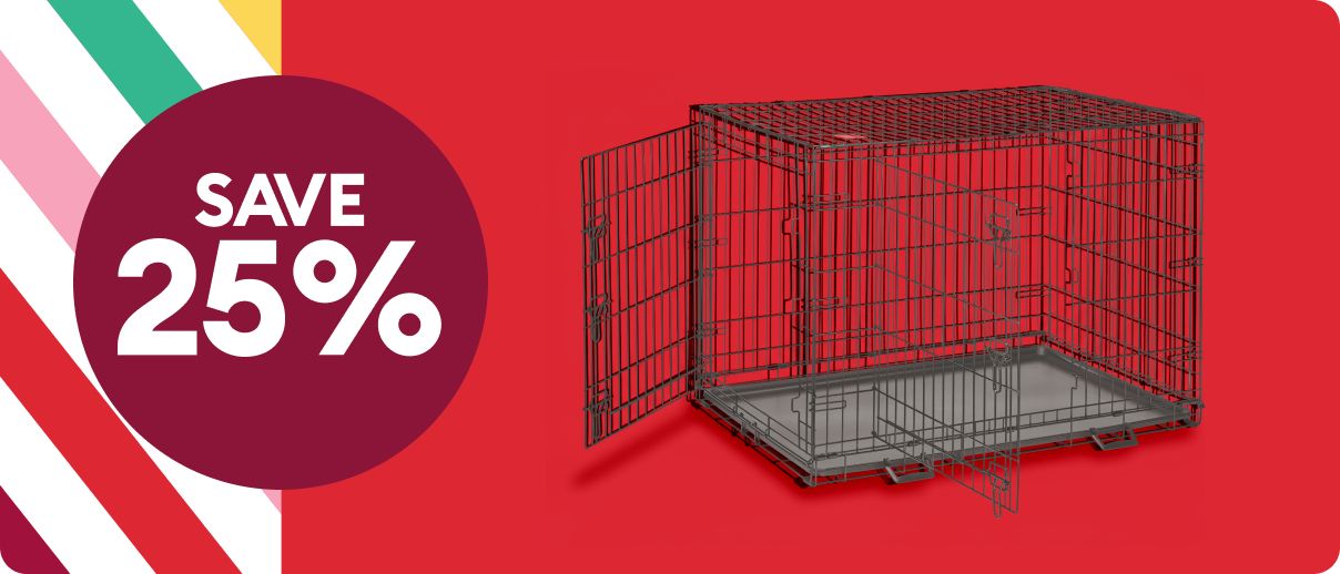 A double door wire crate on a red background beside a circle that says “Save 25%,” with colorful diagonal stripes along the left side