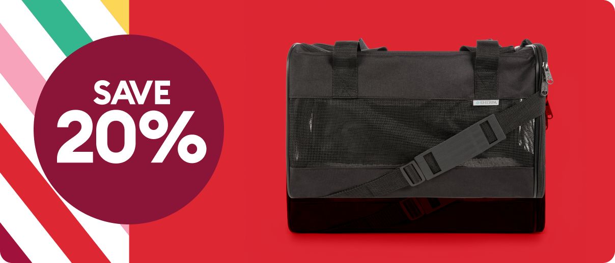 A black travel carrier on a red background beside a circle that says “Save 20%,” with colorful diagonal stripes along the left side