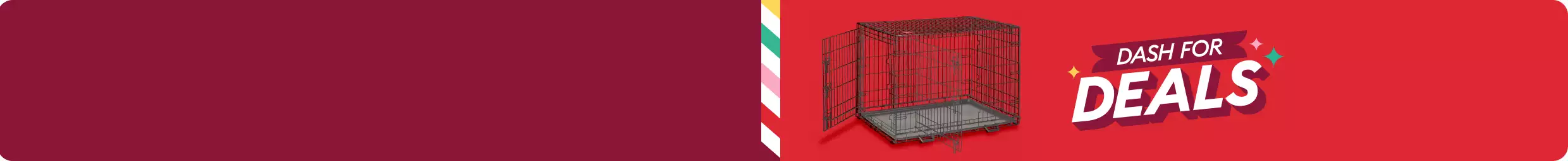 A double door wire crate, on a red background with a banner that reads “Dash for Deals.”