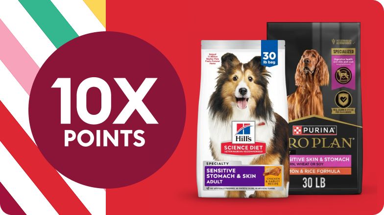 Two bags of dog food on a red background beside a maroon circle that reads “10X points” with colorful diagonal stripes along the left side