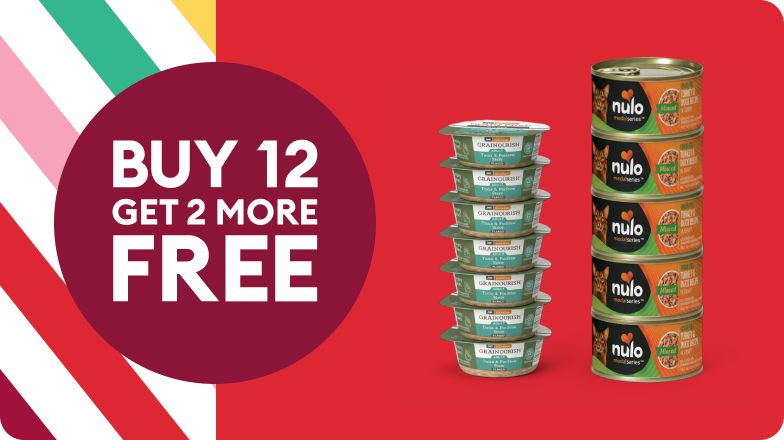 Two stacks of wet cat food on a red background beside a circle that says “Buy 12, get 2 more FREE,” with colorful diagonal stripes