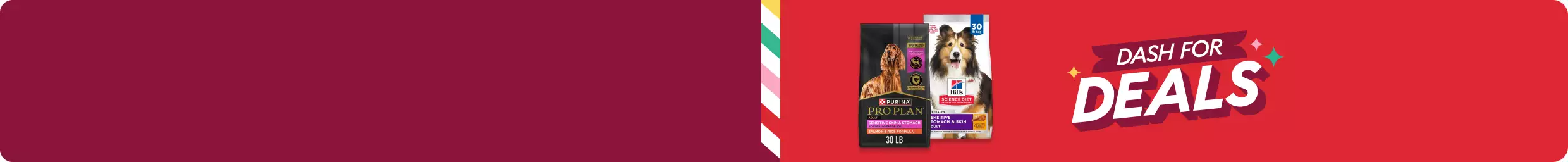 Two bags of dog food on a red background with a banner that reads “Dash for Deals.” Multicolor diagonal stripes run along the left side.