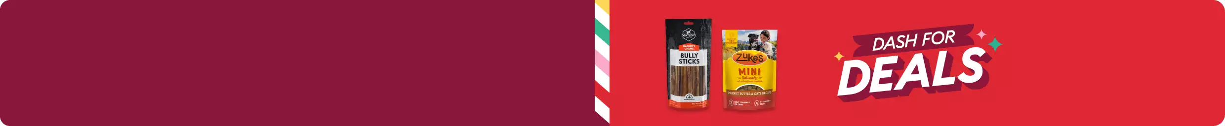 Two packages of dog treats on a red background with a banner that reads “Dash for Deals.” Multicolor diagonal stripes run along the left.