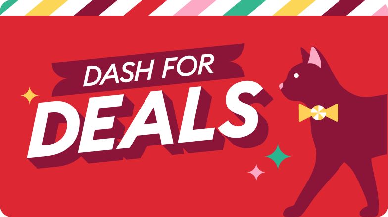 A red graphic with the text “Dash for Deals,” accented by colorful stripes at the top & a red cat illustration on the right