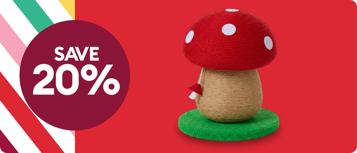 A mushroom cat scratcher on a red background beside a circle that says “Save 20%,” with colorful diagonal stripes along the left side