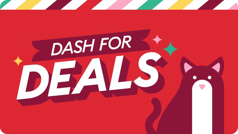 A red graphic with the text “Dash for Deals,” accented by colorful stripes at the top & a cat illustration on the right