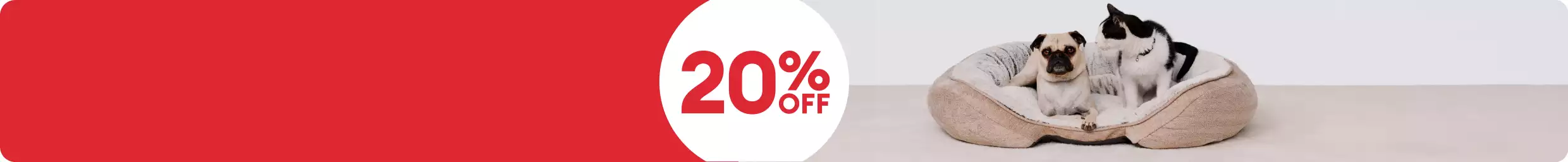 20% off badge and a dog and cat in a pet bed