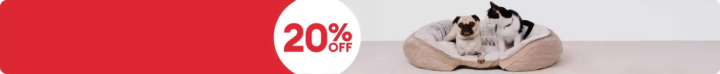 A 20% off badge and cat and a dog in a beige pet bed
