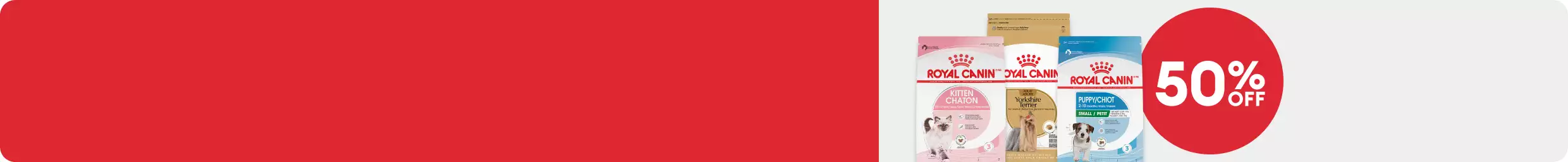 A 50% off badge and three bags of Royal Canin food