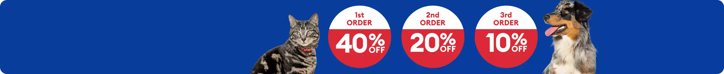 Dog and cat with circles: 1st order 40% OFF, 2nd order 20% off, 3rd order 10% OFF