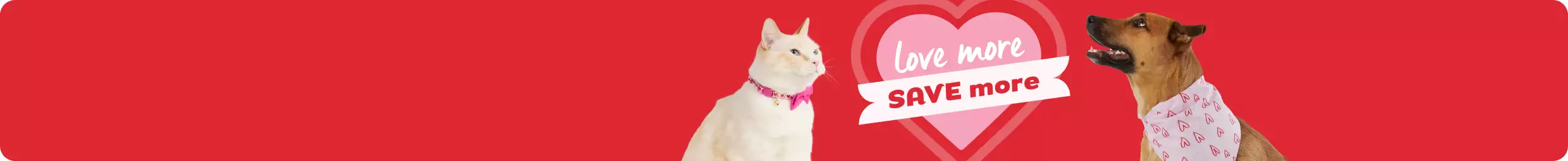 Two dogs facing each other on a red background with a heart graphic that reads, Love more save more