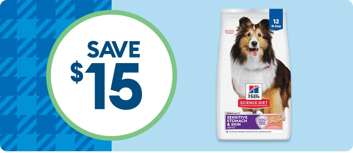 Save $15 callout & a bag of Hill's Science Diet dog food