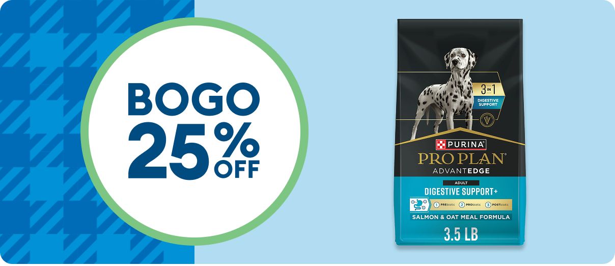 BOGO 25% OFF callout & a bag of Purina Pro Plan dog food