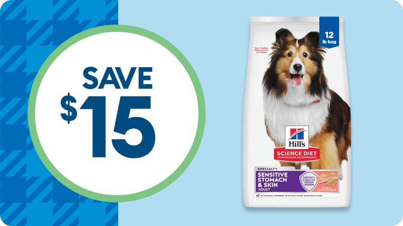 Save $15 callout & a bag of Hill's Science Diet dog food