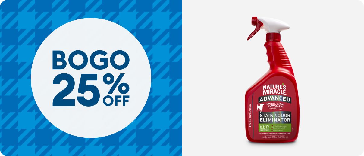 BOGO 25% OFF with blue plaid & Nature's Miracle Stain & Odor bottle