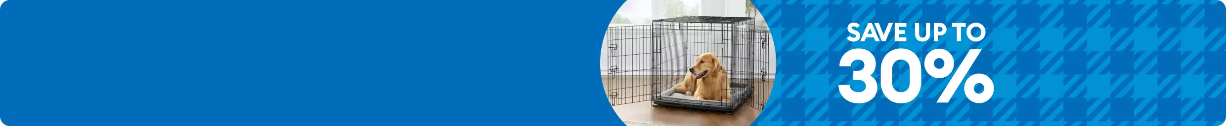 Save up to 30% on blue plaid with golden retriever shown in wire crate