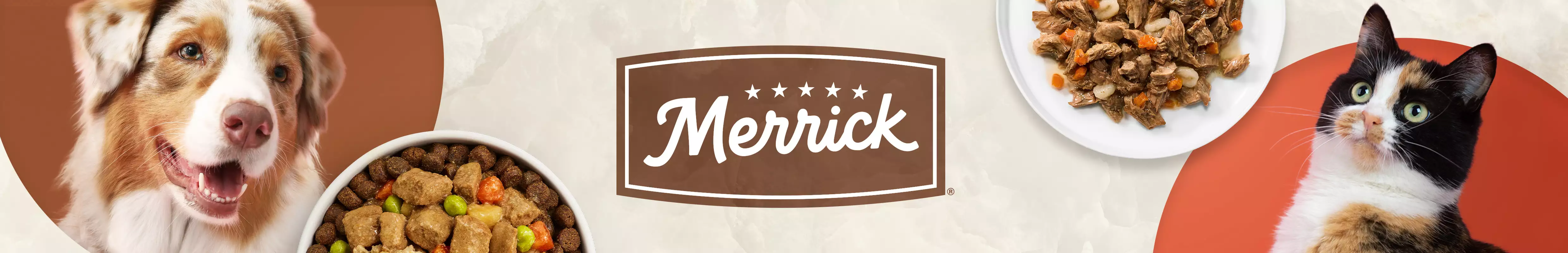 A dog and cat surrounded by Merrick brand wet and dry pet food with the Merrick logo in the center.