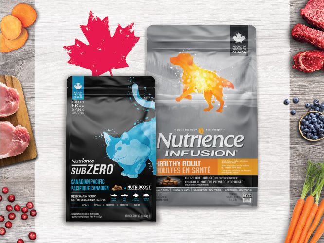 Collection of Nutrience SubZero Dog and Cat Food bags with carrot, meat, blueberries and red maple leaf