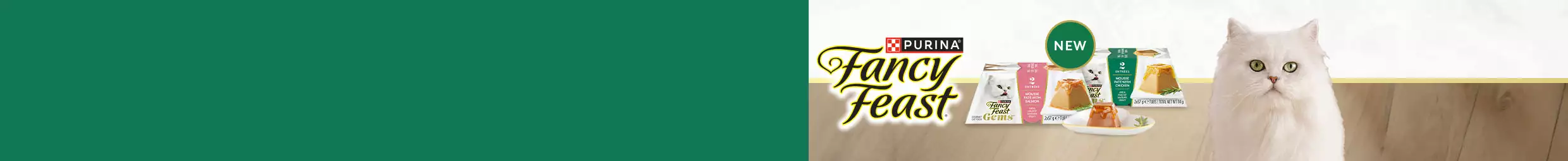 Fancy Feast logo with 'new' callout next to a white cat and boxes of Fancy Feast Gems wet cat food