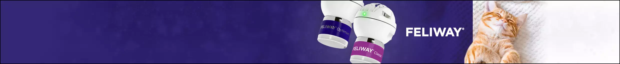Feliway logo with two plug ins next to a happy looking orange cat