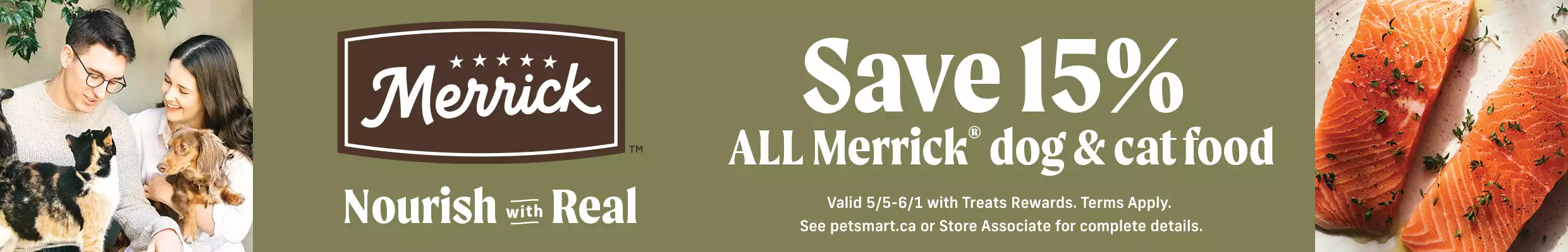 save 15% all merrick dog and cat food, thru 6/1