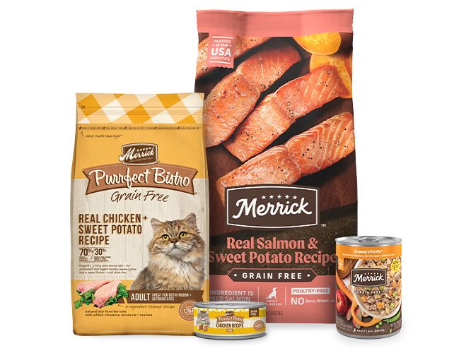 two bags and two cans of merrick dog and cat food