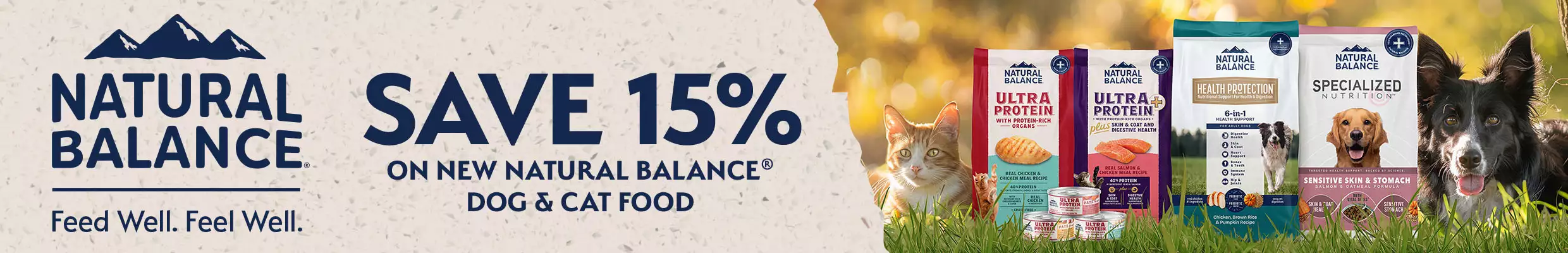 save 15% on new natural balance dog & cat food