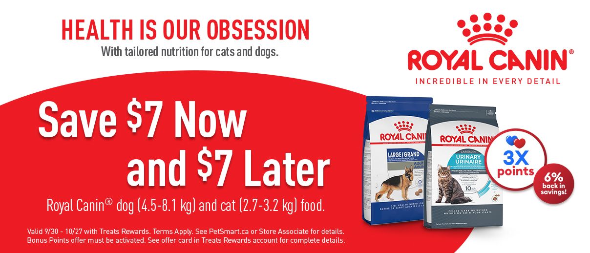 Red and white background Royal Canin dry food cat and dog