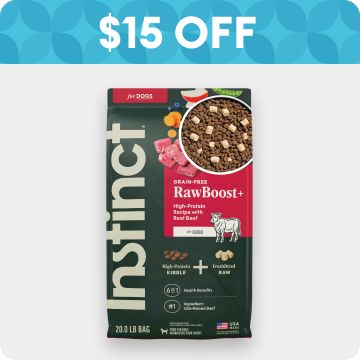 $15 OFF badge & bag of Instinct dog food