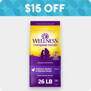$15 OFF badge & bag of Wellness dog food