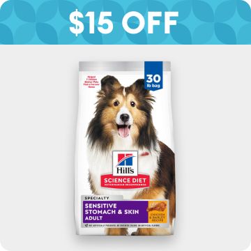 $15 OFF badge & bag of Hill's Science Diet dog food