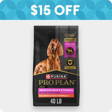 $15 OFF badge & bag of Purina Pro Plan dog food