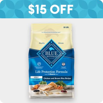 $15 OFF badge & bag of Blue Buffalo dog food