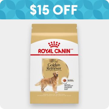 $15 OFF badge & bag of Royal Canin dog food