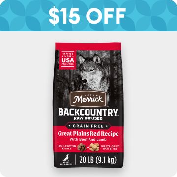 $15 OFF badge & bag of Merrick dog food