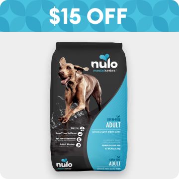 $15 OFF badge & bag of Nulo dog food